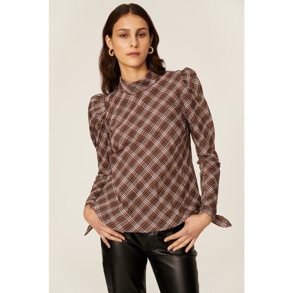 Veronica Beard Tops - Veronica Beard Isabel Brown Plaid Puff Long Sleeve Mock Neck Top Size 2
